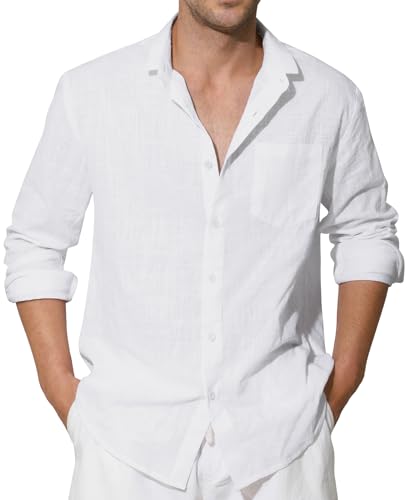 Enlision Camicia di Lino Bianca Uomo Manica Lunga Estiva Camicie Collo Coreana in Cotone Henley Shirts a Bottoni Tinta Unita Elegante Casual 3XL