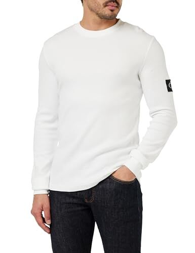 Calvin Klein Maglietta Maniche Lunghe Uomo Badge Waffle LS Tee Basic, Bianco (Bright White), XL