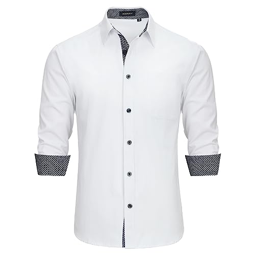 HISDERN Camicia Maniche Lunghe Uomo Slim Fit Casual Camicie Regolare Shirt Formale Camicia Bianco Nero 3XL
