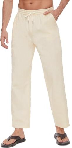 Joligiao Pantaloni in Cotone e Lino da Uomo Estivi Casual Pantaloni da Yoga Pantaloni Lunghi Pantaloni Gambe Larghe Pantaloni con Tasche e Elastico in Vita Leggeri Pantaloni，Beige,M