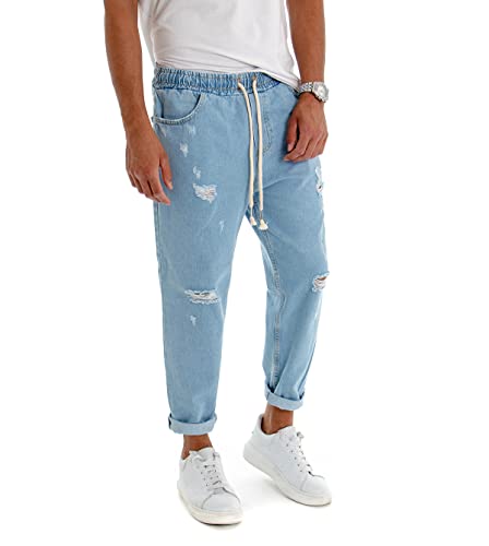 Giosal Pantalone Uomo Jeans Tinta Unita Rotture Elastico Coulisse (Denim, XL)