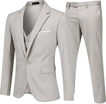 Allthemen Abito da Uomo 3 Pezzi Completo da Sposa Slim Fit Giacca a Un Bottone Formale Blazer Pantaloni Gilet Grigio Beige L