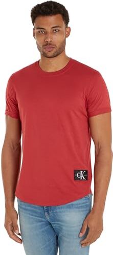 Calvin Klein Uomo T-shirt Maniche Corte Badge Turn Up Sleeve Scollo Rotondo, Rosso (Garnet), XXL