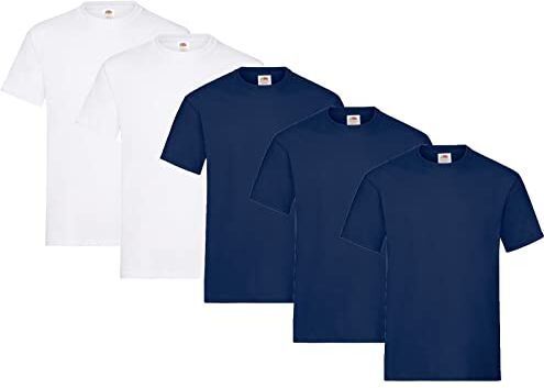 Fruit of the Loom Maglietta da uomo Heavy T anche set di colori M L XL XXL 3XL, 3 x blu navy + 2 x bianco + 1 blocco note, M