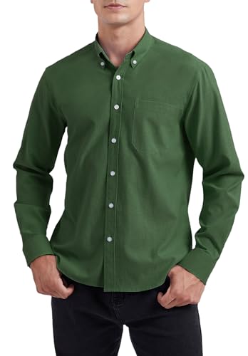 HISDERN Camicia da Uomo a Maniche Lunghe Verde Oxford Camicie con Tasche Classiche Casual Cotone Camicia Regular Fit L