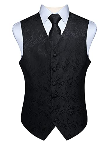 HISDERN Paisley floreale Jacquard floreale gilet e cravatta e fazzoletto da taschino set Black-2 M