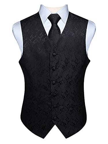 HISDERN Paisley Floreale Jacquard Floreale Gilet e Cravatta e Fazzoletto da Taschino Set Black-2 L