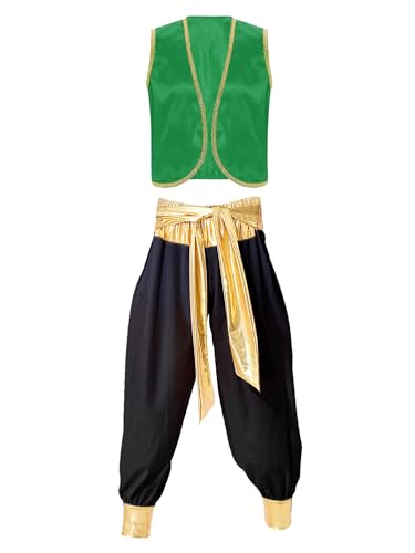 CHICTRY 3 Pezzi Costume da Principe Arabo Uomo Velluto Gilet + Cintura + Pantaloni Bloomers Costume di Halloween Gioco di Ruolo Cosplay Aladino Travestimento Carnevale Verde B 3XL