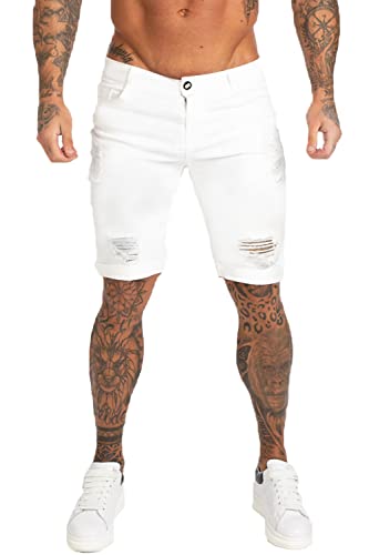 GINGTTO Pantaloncini di Jeans Uomo Corti Denim Athletic Men's Shorts Slim Fit Casual Bianco 34