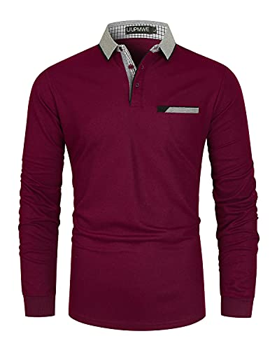LIUPMWE Polo Uomo Manica Lunga in Cotone Basic Golf T-Shirt Clasic Plaid Cuciture Inverno,a-rosse01,XL