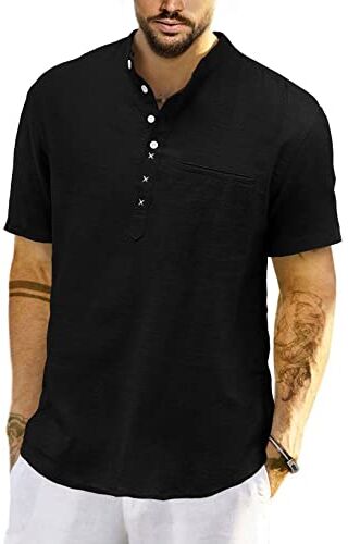 Meilicloth Camicia Lino Uomo Coreana Cotone Manica Corta Estiva Henley Casual con Bottoni Regular Fit Nera XL