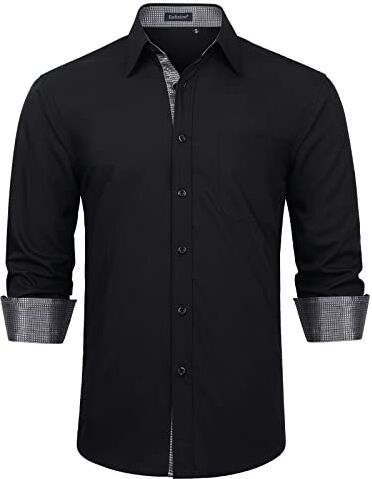 Enlision Camicia Uomo Nera Manica Lunga Elegante Formale Camicie Classico Abbottonato Contrasto Cotone Casual Camicia Funerale 4XL