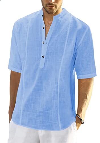 Meilicloth Camicia Lino Uomo Coreana Cotone Manica Corta Estiva Henley Casual con Bottoni Regular Fit Blu XL