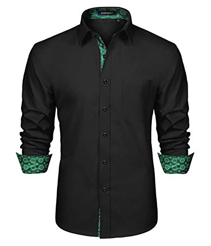 HISDERN Camicia Elegante Nera Verde per Uomo Colletto Classico Manica Lunga abbottonata Camicie Formali Casual Slim Fit alla Moda