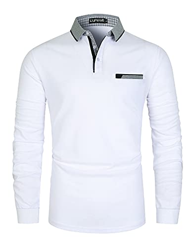 LIUPMWE Polo Uomo Manica Lunga in Cotone Basic Golf T-Shirt Clasic Plaid Cuciture Inverno,a-bianco01,XL