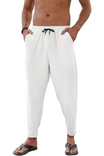 Yutdeng Pantaloni di Lino e Cotone per Uomo Estivi Pantaloni Harem Leggeri Casual Comodi Pantaloni Baggy Elastici in Vita con Quattro Tasche Pantaloni Yoga Hippies Spaiggia,Bianco,L