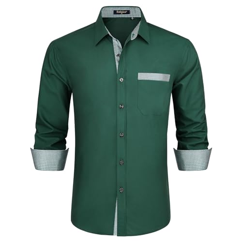 Enlision Camicia Verde Scuro Uomo Elegante Manica Lunga Regular Fit Camicia Matrimonio Casual Camicie Classiche da Cerimonia Business con Tasca L