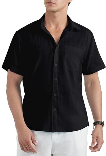 HISDERN Nero Camicia Lino Uomo Manica Corta Casual Elegante Estate Camicie per Vacanza Formale Lavoro Camicia con Bottoni Tasca Regular Fit 4XL