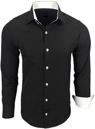 Subliminal Mode Stiratura Facile Camicia Uomo Colletto Bicolore Tinta Unita Maniche Lunghe Slim Business Idea Regalo, Natale, San Valentino RN44, Nero , XXXXXL