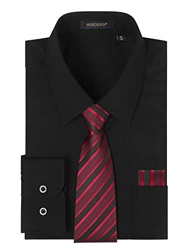 HISDERN Camicia Uomo Nero Manica Lunga Elegante Camicia e Cravatta Casual Camicie Business Formale Camicie Matrimonio Casual con Tasca Regular XL