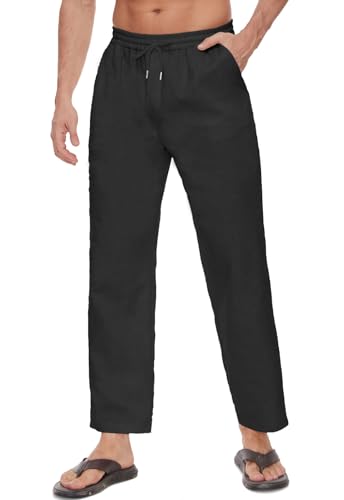 Yutdeng Pantaloni Casual Lunghi da Uomo in Lino e Cotone Estivi Leggeri Pantaloni Gamba Larga con Coulisse e Tre Tasche Pantaloni Elasticizzati per Yoga Spiaggia,Nero,XXL