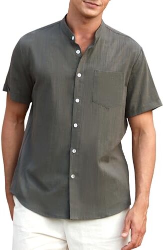 Enlision Camicia in Lino Cotone Uomo Manica Corta Henley Shirt con Bottoni Casual Libero in Tinta Unita Camicia Grigio Uomo per Estate Spiaggia Hawaii M