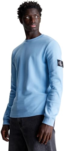 Calvin Klein Maglietta Maniche Lunghe Uomo Badge Waffle LS Tee Basic, Blu (Dusk Blue), XS