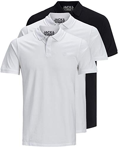 Jack & Jones Confezione da 3 polo da uomo slim fit, a maniche corte, colore nero, bianco, blu, grigio, taglie: XS, S, M, L, XL, XXL, XL