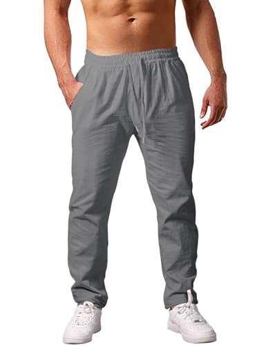 heekpek Pantaloni Uomo Casual Cotone Pantaloni Estivi Uomo Comodi Pantaloni con Tasconi Uomo per Spiaggia, Grigio, L