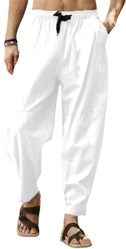 CheChury Pantaloni Lino Uomo Estivi Casual Pantaloni Elasticizzati Leggeri da Yoga Casual Pantalone vestibilità Larga Elasticizzati con Coulisse Pantaloni a Gamba Dritta per Spiaggia Turismo