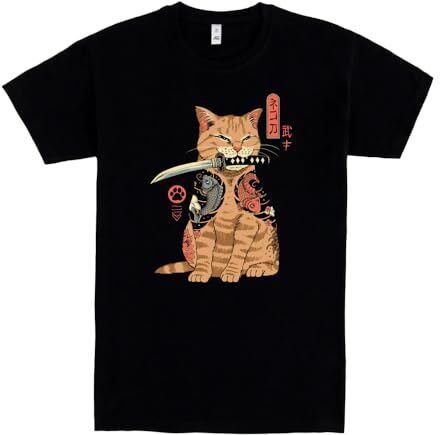 Pampling Catana, Maglietta 100% cotone, con stampa serigrafica di un gatto con katana, Nero , M