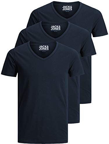 Jack & Jones Jack and Jones Maglietta da uomo basic con scollo a V, confezione da 3, tinta unita, slim fit, in bianco, nero, blu, grigio, Blu, XL