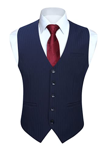 HISDERN Gilet Blu Navy da Uomo Elegante Classico Tinta Unita Panciotto Uomo in Cotone Casual Formale Senza Maniche da Cerimonia con Tasche 2XL