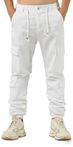 TONY BACKER Pantaloni Cargo Uomo Leggero in Cotone Multitasche Casual di Tela Stretch Materiale con Tasche Laterali 7905 (IT, Numero, 36, Regular, Regular, BIANCO-05N)