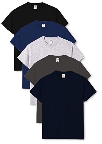 Fruit of the Loom Valueweight maglietta a maniche corte (confezione da 5) da uomo, nero/blu marino/grigio cinato/grafite chiaro/blu marino profondo., XL