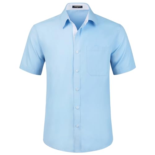 HISDERN Camicia da Uomo Camicia Azzurro a Maniche Corte per Uomo Camicia Casual Estiva con Taschino sul Petto,2XL