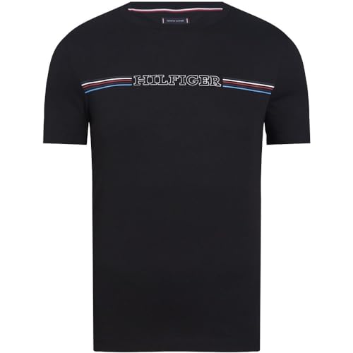 Tommy Hilfiger T-shirt Maniche Corte Uomo Stripe Chest Tee Scollo Rotondo, Nero (Black), L