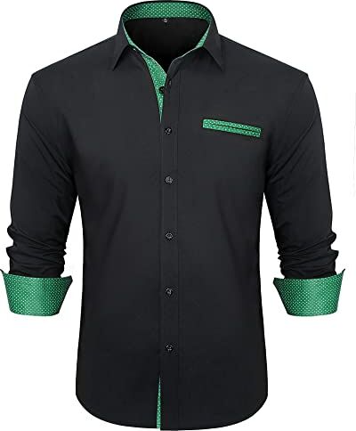 HISDERN Camicia Nera Uomo Elegante Regular Fit Manica Lunga Camicie Casual Formale Classiche da Uomo Cerimonia Business,Nero E Verde,L