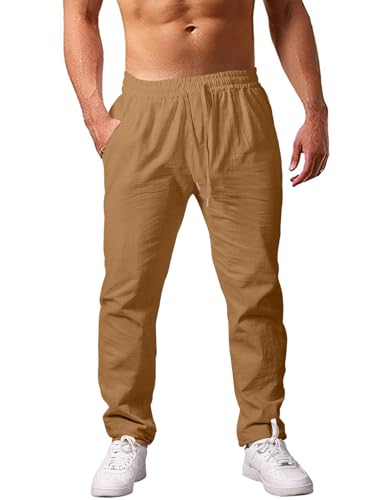 heekpek Pantaloni Uomo Casual Cotone Pantaloni Estivi Uomo Comodi Pantaloni con Tasconi Uomo per Spiaggia, Cachi, XL