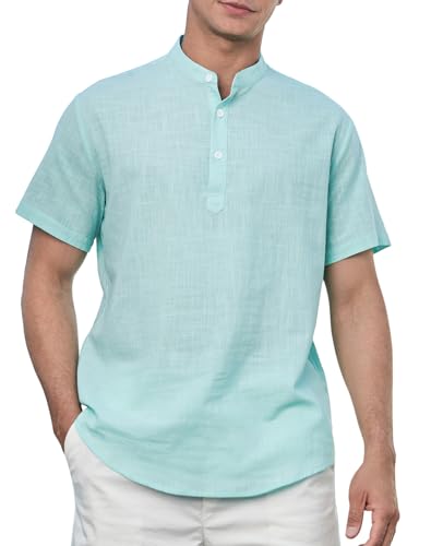 Enlision Camicia in Lino Uomo Casual Estiva Maniche Corte Camicie Henley Shirt Tinta Unita Mare Spiaggia Maglietta con Bottoni Blu Ghiaccio XL