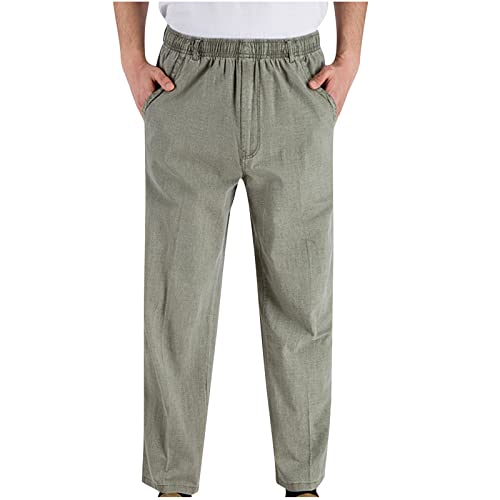 HAOLEI Pantaloni Sportivi Cargo in Tinta Unita e Lino Classico da Uomo Pantaloni Moda Spiaggia Larghi Pantaloni Estivi Taglie Forti Coulisse Pantaloni Tuta Eleganti Elasticizzati Pantaloni Lino con Tasche