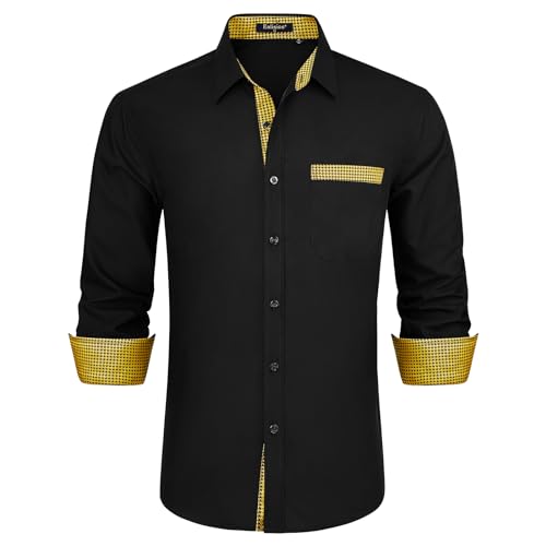 Enlision Camicia Nero Oro Uomo Elegante Manica Lunga Regular Fit Camicia Matrimonio Casual Camicie Classiche da Cerimonia Business con Tasca XL