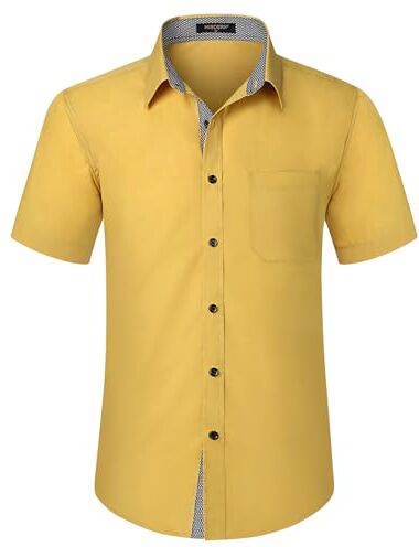 HISDERN Camicia Giallo da Uomo Camicia a Maniche Corte per Uomo Camicia Casual Estiva con Taschino sul Petto,2XL