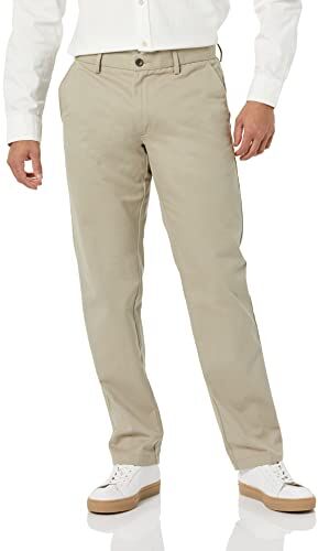 Amazon Essentials Chino Senza Pinces Anti-Grinze con Taglio Dritto Uomo, Marrone Kaki, 34W / 28L