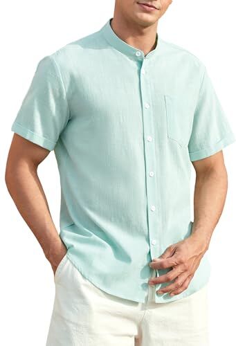 Enlision Camicia in Lino Cotone Uomo Manica Corta Henley Shirt con Bottoni Casual Libero in Tinta Unita Camicia Verde Uomo per Estate Spiaggia 3XL