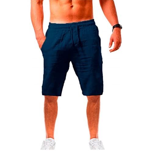U/D Pantaloncini da spiaggia estivi da uomo in lino casual dalla vestibilità classica con coulisse (M, Navy blue)
