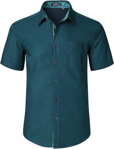 HISDERN Camicia da Uomo Camicia Verde Acqua a Maniche Corte per Uomo Camicia Casual Estiva con Taschino sul Petto,L