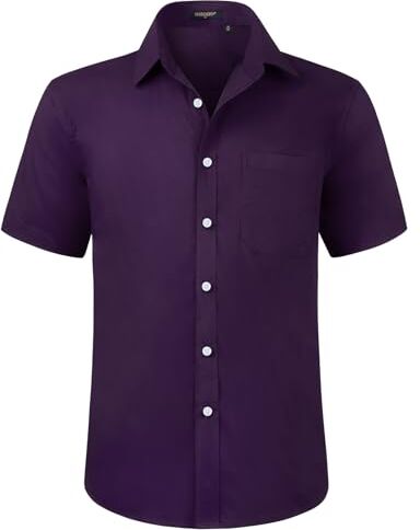 HISDERN Camicia Viola da Uomo a Maniche Corte Camicia Elegante da Uomo vestibilità Regolare Camicia Estiva Solida con Tasca sul Petto,S