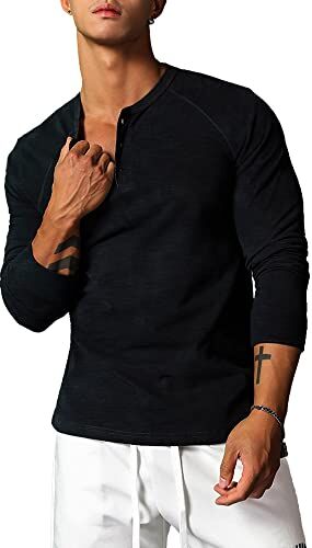 Ychnaim Magliette Uomo Slub Henley Casual Manica Lunga Morbido Comfort vestibilità Regolare Color Nero Size M