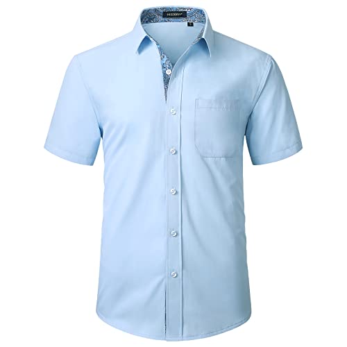 HISDERN Camicia da Uomo Camicia Blu a Maniche Corte per Uomo Camicia Casual Estiva con Taschino sul Petto, M